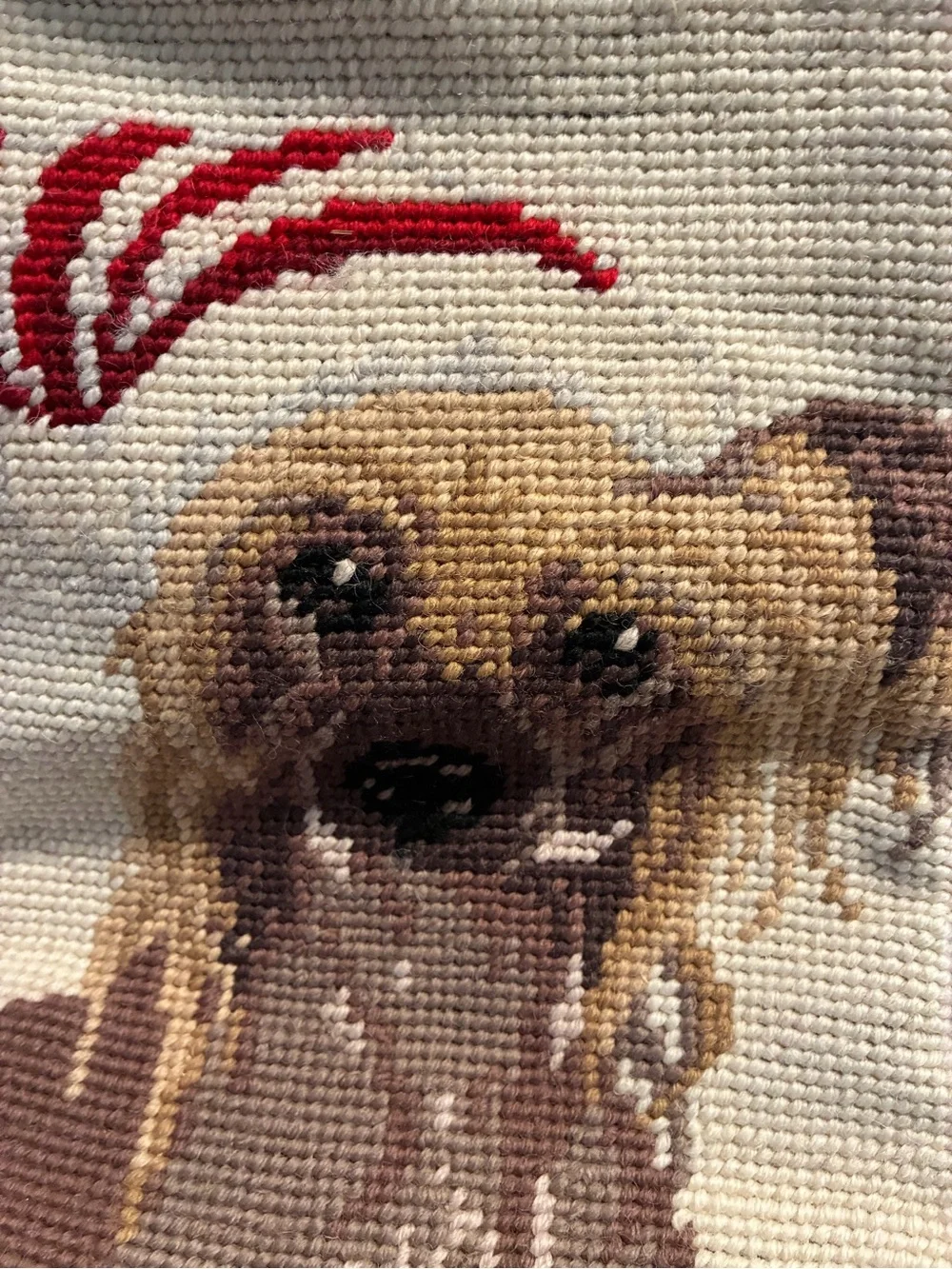 Christmas Needlepoint Puppy Stocking - Beige, Red & Green
